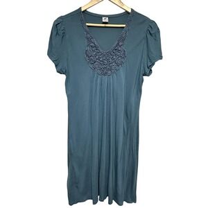 Peruvian Connection Shift Dress Womens L Blue Knit Crochet Neck Vacation Relaxed